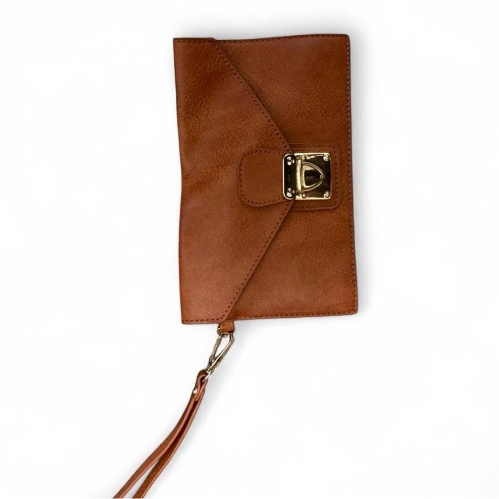 Brown Leather Wristlet Clutch with Gold Hardware